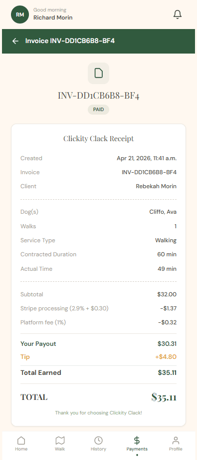 Receipt screen showing 1% fee and tip going to walker.